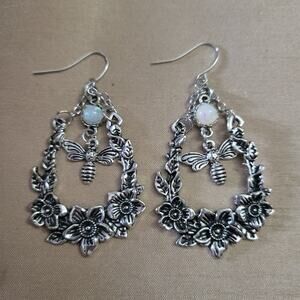 Honey bee floral silver tone drop earrings with synthetic opal stone